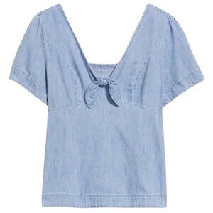 Old Navy V-Neck Tie-Front Short-Sleeve Jean Chambray Top Blue Cotton Large